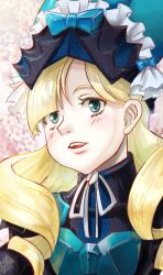 1girl armor blonde_hair blue_armor blue_eyes fire_emblem fire_emblem_engage frilled_headwear hair_over_one_eye madeline_(fire_emblem) momongame_17 nintendo open_mouth solo teeth upper_teeth_only wavy_hair