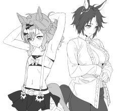 Rule 34 | 2girls, ahoge, animal ears, arms behind head, arms up, bandeau, belt, breasts, center frills, cleavage, closed mouth, collared shirt, dressing, ear ornament, flat chest, frills, fuji kiseki (umamusume), greyscale, hair ornament, hairclip, horse ears, horse girl, horse tail, jungle pocket (umamusume), long sleeves, medium breasts, medium hair, midriff, monochrome, multiple girls, navel, notched ear, pants, shirt, short hair, skirt, smile, suspender skirt, suspenders, tail, tying hair, umamusume, upper body, zn242878163