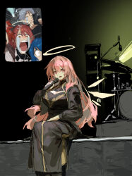Rule 34 | 1boy, 4girls, alternate breast size, andoain (arknights), arknights, black jacket, black robe, blue hair, breasts, cleavage cutout, clothing cutout, concert, crying, drum, drum set, energy wings, exusiai (arknights), fan screaming at madison beer (meme), feet out of frame, fiammetta (arknights), halo, highres, holding, holding microphone, instrument, jacket, large breasts, lemuen (arknights), long hair, long sleeves, meme, microphone, mostima (arknights), motion blur, multiple girls, music, mutomorokoshi, open clothes, open jacket, open mouth, pink eyes, pink hair, red eyes, red hair, robe, singing, sitting, smile, streaming tears, tears