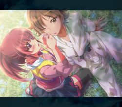 10s 1boy 1girl aino_megumi bandaid blush brown_eyes brown_hair dougi flower grass happinesscharge_precure! highres inoshishi_(ikatomo) judo karate_gi letterboxed long_hair one_eye_closed open_mouth ponytail precure red_hair sagara_seiji short_hair skirt thighhighs wince