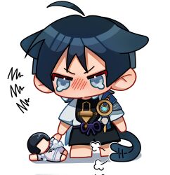1boy ahoge animal_ears barefoot black_bodysuit black_hair black_shorts blue_cape blunt_ends blush bodysuit cape cat_ears cat_tail chibi doll double-parted_bangs eyeliner eyeshadow feathers genshin_impact gold grey_eyes highres holding holding_doll holding_stuffed_toy japanese_clothes kimono looking_at_doll looking_down makeup male_focus no_mouth open_clothes open_kimono pom_pom_(clothes) purple_ribbon red_eyeliner red_eyeshadow ribbon scaramouche_(genshin_impact) shorts solo standing stuffed_toy tail tail_wagging tearing_up uji1210 vision_(genshin_impact) wanderer_(genshin_impact) white_background white_kimono
