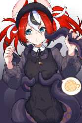 1girl absurdres animal_ears beret blue_eyes bread breast_padding cosplay food hakos_baelz hat highres holding holding_stylus hololive hololive_english melon_bread mouse_ears multicolored_hair ninomae_ina&#039;nis ninomae_ina&#039;nis_(casual) ninomae_ina&#039;nis_(cosplay) o3o red_hair rlus spoken_food streaked_hair striped_clothes stylus sweat tentacles tentacles_under_clothes twintails uneven_twintails virtual_youtuber