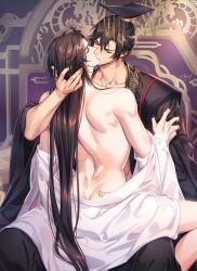 Rule 34 | 2boys, absurdres, ass, back, beads, black hair, black hanfu, brown hair, butt crack, chinese clothes, chu wanning, closed eyes, clothes grab, collarbone, earrings, erha he ta de bai mao shizun, grabbing another&#039;s ass, groping, guan hat, hair down, hand on another&#039;s ass, hand on another&#039;s head, hanfu, highres, jewelry, kiss, korean commentary, long hair, long sleeves, male focus, mian guan, mo ran, multiple boys, on lap, open clothes, partially undressed, sitting, sitting on lap, sitting on person, sitting on throne, straddling, stud earrings, sweatdrop, taxian-jun, throne, topless male, upright straddle, white hanfu, yaoi, zehel az