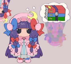 Rule 34 | 1girl, blue bow, blunt bangs, blush stickers, boots, bow, bowtie, capelet, chibi, crescent, crescent hat ornament, dress, frilled dress, frills, full body, hair bow, hat, hat ornament, jaltoid, jitome, long hair, long sleeves, looking at viewer, mob cap, multiple views, patchouli knowledge, pink boots, pink bow, pink bowtie, pink capelet, pink dress, pink hat, purple eyes, purple hair, red bow, sidelocks, standing, striped clothes, striped dress, touhou, vertical-striped clothes, vertical-striped dress, very long hair, wide sleeves, winrar, zip file (object)