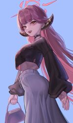 1girl absurdres aru_(blue_archive) ass bag black_shirt blue_archive casual chojja crop_top demon_girl demon_horns fang from_below highres holding holding_bag horns looking_at_viewer open_mouth pants purple_bag red_hair shirt solo teeth upper_teeth_only white_pants yellow_eyes
