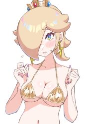 1girl bikini blonde_hair blue_eyes blush breast_press breasts crown earrings embarrassed gold_bikini hair_over_one_eye jewelry mario_(series) medium_breasts mini_crown nail_polish navel nintendo rosalina solo star_(symbol) star_earrings sweatdrop swimsuit toggy_keiichi