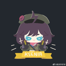 1girl ahoge beret black_background blue_eyes brown_hair character_name chibi chinese_commentary cui_pi_zha_xia_qiu girls&#039;_frontline girls&#039;_frontline_2:_exilium green_hat hat highres holding holding_money ksenia_(girls&#039;_frontline_2) money pastel_colors solo stechkin_(girls&#039;_frontline) watermark weibo_username weibo_watermark