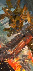 Rule 34 | 621 (armored core vi), absurdres, armored core, armored core vi: fires of rubicon, chainsaw, dual wielding, extra eyes, flying, gun, highres, holding, holding gun, holding weapon, honest brute, loader 4, mecha, mecha focus, milk tooth (armored core vi), missile pod, no humans, nslacka, robot, rocket pods, weapon, weapon on back