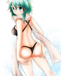 Rule 34 | 050411285aura, 10s, 1girl, aqua eyes, aqua hair, ass, blush, bra, breasts, butt crack, dimples of venus, female focus, from behind, heart, heart-shaped pupils, highres, looking at viewer, looking back, panties, scarf, short hair, sideboob, sinon, smile, solo, sword art online, symbol-shaped pupils, thong, underwear