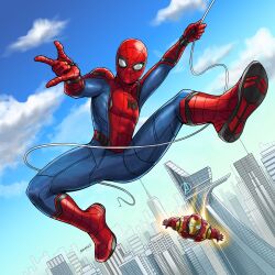 2boys \m/ animal_print arc_reactor arm_up armor artist_name avengers_tower azusa_tanaka blue_bodysuit blue_sky bodysuit building cloud cloudy_sky commentary day dutch_angle flying full_armor full_body glowing glowing_chest glowing_eyes gold_armor helmet iron_man leg_up looking_at_viewer marvel marvel_cinematic_universe mask midair mixed-language_commentary multicolored_armor multicolored_bodysuit multiple_boys new_york_city outdoors outstretched_arm pectorals print_bodysuit red_armor red_bodysuit shoe_soles silk skin_tight sky skyline skyscraper solo_focus spider-man spider-man:_homecoming spider-man_(series) spider_print spider_web spider_web_print superhero_costume toned toned_male two-tone_armor two-tone_bodysuit web_shooter