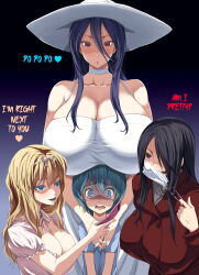 1boy 2channel 3girls :d :o absurdres age_difference aqua_hair bare_shoulders black_background black_eyes black_hair blonde_hair blue_background blue_eyes blue_hair blue_shirt breast_rest breasts breasts_on_head bursting_breasts buttons cellphone choker cleavage coat collarbone crying crying_with_eyes_open detached_collar double-breasted dress evil_smile flip_phone ghost gradient_background hair_between_eyes hair_over_one_eye hair_ribbon hairband half-closed_eyes hasshaku-sama hat heart height_difference highres holding holding_phone hug hug_from_behind huge_breasts imminent_rape japanese_urban_legends kloah kuchisake-onna large_breasts long_hair long_sleeves looking_down mask mature_female mouth_mask multiple_girls onee-shota open_mouth original own_hands_together parted_lips phone puffy_short_sleeves puffy_sleeves raised_eyebrows red_eyes ribbon scared shaded_face sharp_teeth shirt short_hair short_sleeves shota sidelocks sleeveless sleeveless_dress slit_pupils smile spaghetti_strap spoken_heart sun_hat sundress surgical_mask t-shirt tall taut_clothes taut_dress tears teeth text_focus third-party_edit translated unmasking v_arms wavy_mouth white_dress white_headwear wide-eyed you_gonna_get_raped