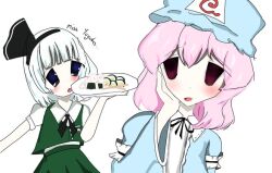 black_bow black_bowtie black_hairband blue_eyes blue_kimono bow bowtie food frilled_kimono frills ghost green_skirt green_vest grey_hair hairband hat hitodama hitodama_print japanese_clothes kimono konpaku_youmu mob_cap perfect_cherry_blossom pink_eyes pink_hair saigyouji_yuyuko short_hair skirt touhou touhouloverxd triangular_headpiece vest
