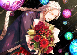1boy :d ^_^ artist_name bouquet braid christmas closed_eyes colored_eyelashes commentary dutch_angle english_commentary flower fujin_(mortal_kombat) highres holding holding_bouquet long_hair male_focus mortal_kombat_(series) open_mouth red_flower red_rose rose seacobalt smile solo very_long_hair white_hair