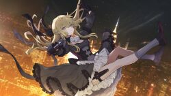 1girl absurdres aiming aiming_at_viewer arms_up black_collar black_dress black_gloves black_shoes blonde_hair bow brown_eyes cityscape cleavage_cutout closed_mouth clothing_cutout collar commentary corset dagger dress falling floating_hair frilled_dress frills from_side gloves gun hair_between_eyes hair_bow highres hinayuri holding holding_gun holding_weapon knife long_hair long_sleeves looking_at_viewer night original shoes solo thigh_strap weapon