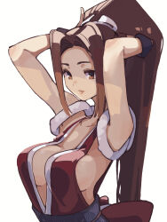 Rule 34 | 1girl, adjusting hair, armpits, arms up, back bow, bow, breasts, brown eyes, brown hair, collarbone, fatal fury, high ponytail, highres, long hair, looking at viewer, medium breasts, ninja, obi, ooiwa (irc14786149), parted bangs, parted lips, ponytail, revealing clothes, sash, shiranui mai, sideboob, simple background, solo, the king of fighters, upper body, white background