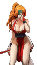 1girl absurdres alternate_costume blush breasts chest_freckles cleavage cosplay embarrassed exadcr95 fatal_fury female_focus folding_fan freckles freckles_on_breasts hand_fan highres ishmael_(project_moon) large_breasts limbus_company long_hair mirror_selfie no_bra orange_hair ponytail project_moon revealing_clothes selfie shiranui_mai shiranui_mai_(cosplay) simple_background solo the_king_of_fighters white_background