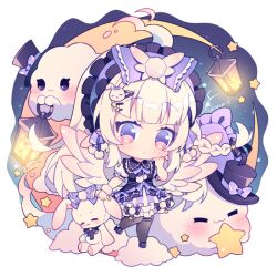 Rule 34 | 1girl, :3, black hat, black ribbon, black thighhighs, blue background, blunt bangs, blush, bow, braid, chibi, chibi only, closed mouth, cloud, commentary, dress, dress ribbon, frilled hairband, frilled thighhighs, frills, full body, ghost, hair bow, hair ribbon, hairband, hat, hat bow, high heels, holding, holding lamp, holding star, holding stuffed toy, hyou (pixiv3677917), long hair, looking at viewer, neck ribbon, original, pillow, purple bow, purple dress, purple eyes, purple hairband, purple ribbon, purple shoes, ribbon, shoes, short sleeves, signature, single braid, sitting, smile, star (symbol), stuffed animal, stuffed rabbit, stuffed toy, thighhighs, white hair