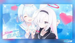 Rule 34 | 2girls, absurdres, arona (blue archive), black choker, black hairband, black jacket, black sailor collar, black shirt, blue hair, blue halo, blue shirt, blush, choker, closed eyes, closed mouth, expressionless, grey eyes, hair over one eye, hair ribbon, hairband, halo, hayate (1034853996), heart, highres, jacket, long hair, multiple girls, open clothes, plana (blue archive), pointing, pointing up, red halo, ribbon, sailor collar, shirt, short hair, sidelocks, upper body, white choker, white hair, white hairband, white ribbon, white sailor collar