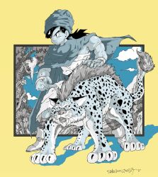 1boy animal bandana black_hair boots border cloak closed_mouth cloud cloudy_sky dragon_quest dragon_quest_v fangs full_body furrowed_brow great_sabrecat hero_(dq5) highres long_hair male_focus muscular muscular_male petting sky tcgf_04 toriyama_akira_(style) torn_clothes tree yellow_border