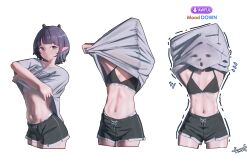 Rule 34 | 1girl, abs, absurdres, black bra, black shorts, blue eyes, bra, breasts, dolphin shorts, floomf, gameplay mechanics, grey shirt, highres, hololive, hololive english, multiple views, navel, ninomae ina&#039;nis, ninomae ina&#039;nis (loungewear), pointy ears, purple hair, shirt, short hair, shorts, small breasts, tentacle hair, toned, toned female, umamusume, underwear, undressing, virtual youtuber, white background