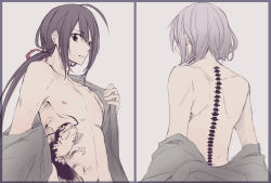 10s 2boys ahoge bad_id bad_pixiv_id black_hair catfish fish honebami_toushirou male_focus mayumelo multiple_boys namazuo_toushirou name_connection object_namesake ponytail purple_eyes silver_hair spine tattoo touken_ranbu undressing