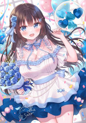 1girl balloon blue_dress blue_eyes blue_flower blue_ribbon blush breasts brown_hair cleavage collarbone detached_collar dress flower frills hair_flower hair_ornament hair_ribbon hairclip heart highres holding holding_flower large_breasts open_mouth original ribbon sato_ame smile solo white_dress