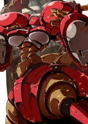 1girl absurdres armor biomechanical breasts chi_un-d geostorm highres irem no_feet no_humans oversized_forearms oversized_limbs robot_girl rust san-ban_senji_cha_gubigubi snake