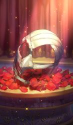 blood blood_stain commentary fate/grand_order fate_(series) lasengle light_rays mask no_humans object_focus official_art petals red_background sparkle third-party_source unworn_mask white_mask