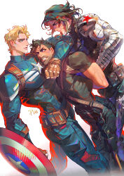 3boys absurdres blonde_hair blue_hair captain_america character_request highres juicer113 marvel multiple_boys muscular muscular_male restrained the_punisher_(character)