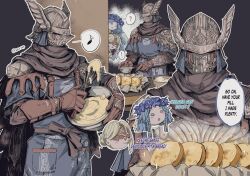 ! 1boy 2girls ? armor blonde_hair blue_eyes blue_flower blue_hair blush_stickers bread bridal_veil brother_and_sister brown_gloves cape chibi commentary cooking covered_eyes duchess_(elden_ring) elden_ring elden_ring_nightreign english_text flower food full_armor gloves grey_cape hair_bun head_wreath helmet highres multiple_girls musical_note revenant_(elden_ring) short_hair siblings single_hair_bun slackertherubycat speech_bubble twitter_username veil winged_helmet wylder_(elden_ring)
