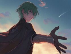 1boy armor black_cape black_gloves black_gorget cape cloud comet commentary commentary_request dusk english_commentary fire_emblem fire_emblem:_three_houses gloves gorget green_eyes green_hair highres looking_ahead male_byleth_(enlightened)_(fire_emblem) male_byleth_(fire_emblem) male_focus mixed-language_commentary nintendo outstretched_arm outstretched_hand parted_lips short_hair sky solo teeth upper_body wrainbow13