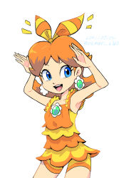 1girl bare_shoulders bikini blue_eyes bow brown_hair earrings flower_earrings gem grin hand_up highres jewelry mario_(series) mario_kart mario_kart_tour nintendo open_mouth princess_daisy smile standing swimsuit tomboy ya_mari_6363
