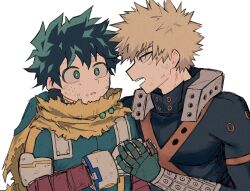 2boys bakugou_katsuki black_shirt blonde_hair boku_no_hero_academia cape collared_shirt commentary_request dirty dirty_face eye_contact gloves green_eyes green_gloves green_hair holding_hands ice_0377 long_sleeves looking_at_another male_focus midoriya_izuku multiple_boys open_mouth parted_lips popped_collar red_eyes shirt short_hair simple_background spiked_hair striped_clothes striped_shirt superhero_costume teeth torn_cape torn_clothes upper_body upper_teeth_only white_background white_gloves wide-eyed yellow_cape