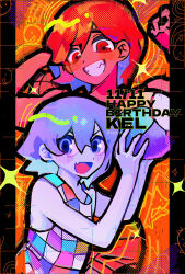 Rule 34 | 2boys, :d, arm behind head, ball, bare arms, bare shoulders, basketball (object), beachball, brown eyes, brown hair, character name, checkered clothes, colored skin, commentary request, dark-skinned male, dark skin, dated, double-parted bangs, dual persona, fang, grid background, grin, hair behind ear, hair between eyes, halftone, hands up, happy birthday, hector (omori), highres, holding, holding ball, holding beachball, honshiya, looking at viewer, male focus, multiple boys, omori, open mouth, orange background, orange joe (omori), painterly, pillarboxed, purple eyes, purple hair, sharp teeth, short hair, simple background, skin fang, smile, sparkle, tank top, teeth, tongue, upper body, white skin