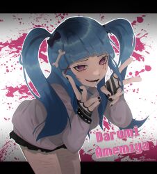 Rule 34 | 1girl, alternate costume, amemiya darumi, black border, black bow, black hair, black nails, black skirt, blue hair, border, bow, bracelet, fingerless gloves, gloves, hands up, highres, jewelry, long sleeves, looking at viewer, multicolored hair, pink eyes, pleated skirt, samedosama666, scar, shirt, skirt, solo, spiked bracelet, spikes, the hundred line -last defense academy-, twintails, white shirt