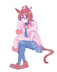 1girl absurdres agnes_tachyon_(umamusume) ahoge animal_ears black_necktie black_pantyhose black_shirt brown_hair brown_shoes cosplay grey_skirt hair_between_eyes highres horse_ears horse_girl horse_tail juliet_sleeves loafers long_sleeves monogatari_(series) necktie oshino_ougi oshino_ougi_(cosplay) owarimonogatari pantyhose pink_shirt pleated_skirt puffy_sleeves red_eyes seila_rei shirt shoes simple_background sitting skirt sleeves_past_fingers sleeves_past_wrists solo tail umamusume undershirt white_background