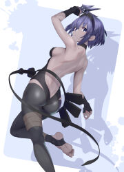 1girl absurdres ass back bare_shoulders black_hairband black_leotard breasts dark-skinned_female dark_skin fate/grand_order fate_(series) hairband hassan_of_serenity_(fate) highres leotard looking_at_viewer looking_back medium_breasts purple_eyes purple_hair short_hair solo yamachi_(xadp7533)