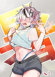 1girl absurdres black_hair black_shorts blue_panties blush breasts earrings fanning_self grey_hair hair_ornament highleg highres hot jewelry medium_breasts midriff multicolored_hair navel open_mouth original panties pink_eyes see-through_clothes see-through_shirt sharp_teeth shiawase_hougan shirt shirt_tug short_shorts short_sleeves shorts solo stomach streaked_hair sweat teeth underwear white_hair