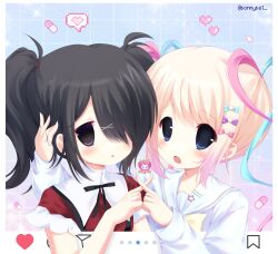2000s_(style) 2girls ame-chan_(needy_girl_overdose) black_hair black_ribbon blonde_hair blue_bow blue_eyes blue_hair bow chouzetsusaikawa_tenshi-chan collared_shirt commentary dual_persona english_commentary hair_bow hair_ornament hair_over_one_eye heart highres instagram jelly_(bonnybel) jirai_kei jitome long_hair long_sleeves looking_at_viewer multicolored_hair multiple_girls neck_ribbon needy_girl_overdose open_mouth pien_cat_(needy_girl_overdose) pill pink_bow pink_hair purple_bow quad_tails red_shirt ribbon sailor_collar school_uniform serafuku shirt smile sparkle suspenders twintails x_hair_ornament yami_kawaii