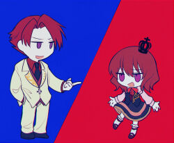 Rule 34 | 1boy, 1girl, alternate eye color, bakara (19083210), black necktie, black shoes, black skirt, black vest, brown hair, chibi, chibi only, collared shirt, commentary request, cousins, crown, film grain, hair between eyes, hand in pocket, jacket, jitome, long sleeves, mary janes, medium hair, mini crown, neck ribbon, necktie, open mouth, pants, pink shirt, purple eyes, red hair, red ribbon, red shirt, red vest, ribbon, shirt, shoes, short hair, skirt, smile, socks, two-tone background, umineko no naku koro ni, ushiromiya battler, ushiromiya maria, vest, white jacket, white pants, white socks