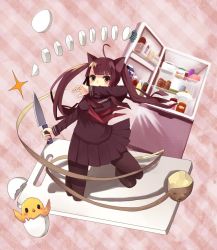 1girl ahoge animal_ears bad_id bad_pixiv_id bird black_hair broken_egg brown_eyes cat_ears chick cutting cutting_board egg female_focus knife long_hair nekomo original pantyhose potato radish refrigerator school_uniform skirt solo striped_background