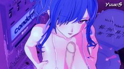1boy 1girl 3d animated animated_gif artist_name azur_lane blue_hair breasts breasts_squeezed_together censored condom condom_wrapper cum cum_in_mouth fellatio hair_over_one_eye hetero large_breasts licking licking_penis lowres nail_polish oral paizuri penis pov purple_eyes st._louis_(azur_lane) tally toilet used_condom yuukis