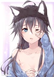 1girl ;o ahoge animal_ear_headwear bare_shoulders black_hair blue_eyes blue_shirt blush breasts collarbone fake_animal_ears hair_between_eyes hair_ribbon highres long_hair off_shoulder one_eye_closed open_mouth red_ribbon ribbon rubbing_eyes shi-2 shirt sleepy small_breasts solo twitter_username upper_body waking_up wince yahari_ore_no_seishun_lovecome_wa_machigatteiru. yawning yukinoshita_yukino