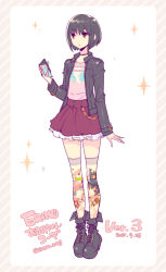 1girl bare_arms belt belt_buckle belt_collar black_belt black_boots black_hair black_jacket blunt_ends bob_cut boots border bracelet brown_eyes buckle buttons chain character_print collar collared_jacket commentary_request dot_nose expressionless frilled_skirt frills full_body gold_buckle gold_chain grey_border high-waist_skirt holding holding_wallet jacket jewelry lace-up_boots leather leather_jacket long_sleeves looking_ahead miniskirt nishimura_eri open_clothes open_jacket original parted_lips pink_shirt pleated_skirt red_skirt shirt shoes short_hair skirt solo sparkle standing striped_border t-shirt thighhighs wallet white_background wrist_belt yellow_thighhighs