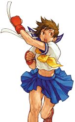 Rule 34 | 1girl, blue sailor collar, capcom vs snk, capcom vs snk 2, clenched hands, crop top, fingerless gloves, game cg, gloves, headband, highres, kasugano sakura, looking to the side, midriff, mma gloves, nishimura kinu, non-web source, official art, open mouth, punching, sailor collar, school uniform, serafuku, skirt, solo, street fighter, teeth, uppercut, white headband