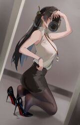 1girl absurdres ass astra_yao black_hair black_pantyhose black_shoes black_skirt blush bracelet breasts camera commentary_request covered_face dress_shirt dutch_angle full-length_mirror half_updo heel_pop high_heels highres holding holding_camera indoors jewelry kneeling lanyard long_hair medium_breasts miniskirt mirror mirror_selfie nail_polish pantyhose partial_commentary pearl_bracelet pencil_skirt reflection reflection_focus selfie shirt shirt_tucked_in shoes single-lens_reflex_camera skirt sleeveless sleeveless_shirt soles solo very_long_hair white_shirt yato_(yama0x1) zenless_zone_zero