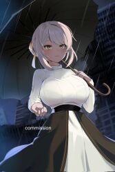 1girl black_skirt breasts building closed_mouth commission corrupted_twitter_file grey_hair hair_ribbon highres holding holding_umbrella indie_virtual_youtuber large_breasts long_sleeves orange_ribbon park_dona rain ribbed_sweater ribbon ropu_(ropu_10) short_hair skirt solo sweater umbrella virtual_youtuber white_sweater yellow_eyes