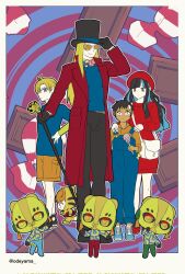 beret black_headwear blonde_hair candy charlie_and_the_chocolate_factory chocolate daybit_sem_void dress fate/grand_order fate_(series) food gloves hat highres izcalli_(fate) jaguarman_(fate) johnny_depp long_hair mask multicolored_hair odeyama oompa_loompa red_dress tenochtitlan_(fate) tezcatlipoca_(fate) tim_burton warner_bros.