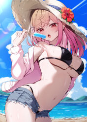 1girl absurdres akuame_(ring3922) beach bikini bikini_under_shorts black_bikini blush breasts cowboy_shot cutoffs day food gradient_hair hat highres hololive ichijou_ririka jacket large_breasts long_hair looking_at_viewer micro_shorts multicolored_hair navel open_clothes open_fly open_jacket open_mouth orange_eyes orange_hair outdoors pink_hair popsicle shorts solo sun_hat swimsuit virtual_youtuber