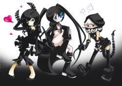 3girls annoyed bikini black_dress black_gloves black_hair black_horns black_leggings black_rock_shooter black_rock_shooter_(character) black_shoes black_shorts black_thighhighs blue_eyes boots brown_eyes dead_master demon_tail dress flame_print flaming_eye front-tie_top gloves green_eyes hood hoodie horns leggings multiple_girls ruuche shoes short_hair shorts strength_(black_rock_shooter) swimsuit tail thighhighs twintails uneven_twintails white_hair